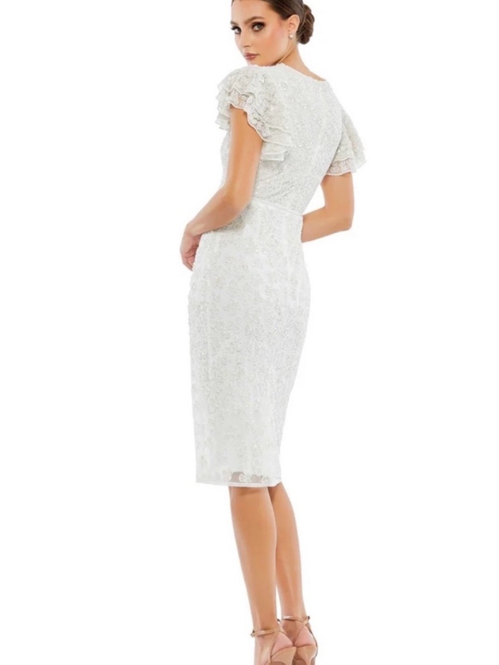 MAC DUGGAL FULLY BEADED FLOUNCE SLEEVE MIDI DRESS WITH FLORAL APPLIQUÉ - Picture 3 of 5